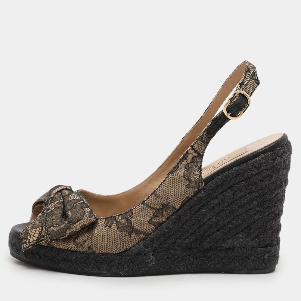 Valentino Black Beige Lace Bow Slingback Wedge Espadrille Sandals Size 38 US 8